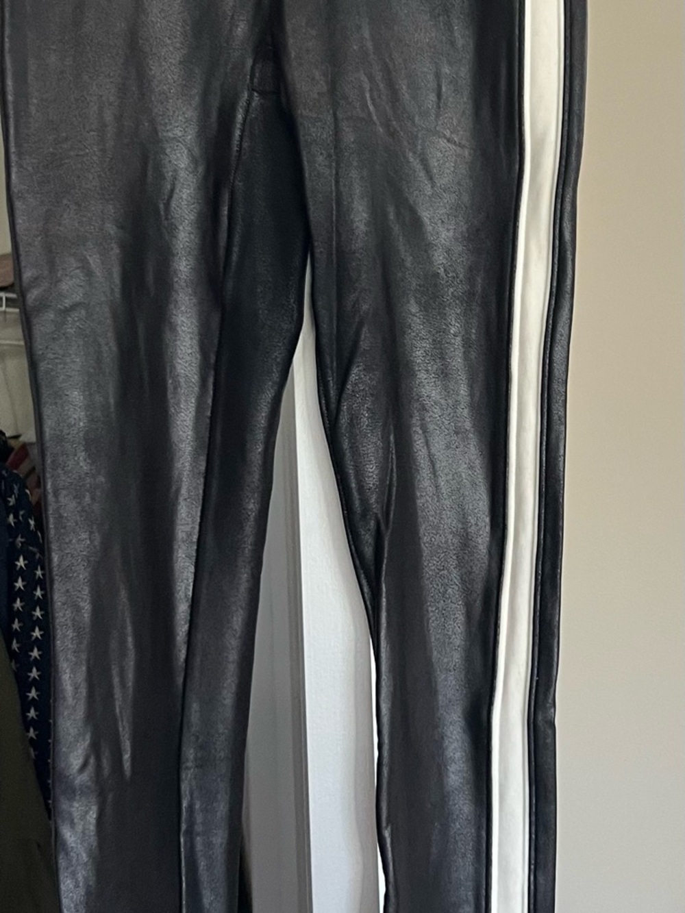 Black Spanx Faux Leather Leggings with White Side Stripe